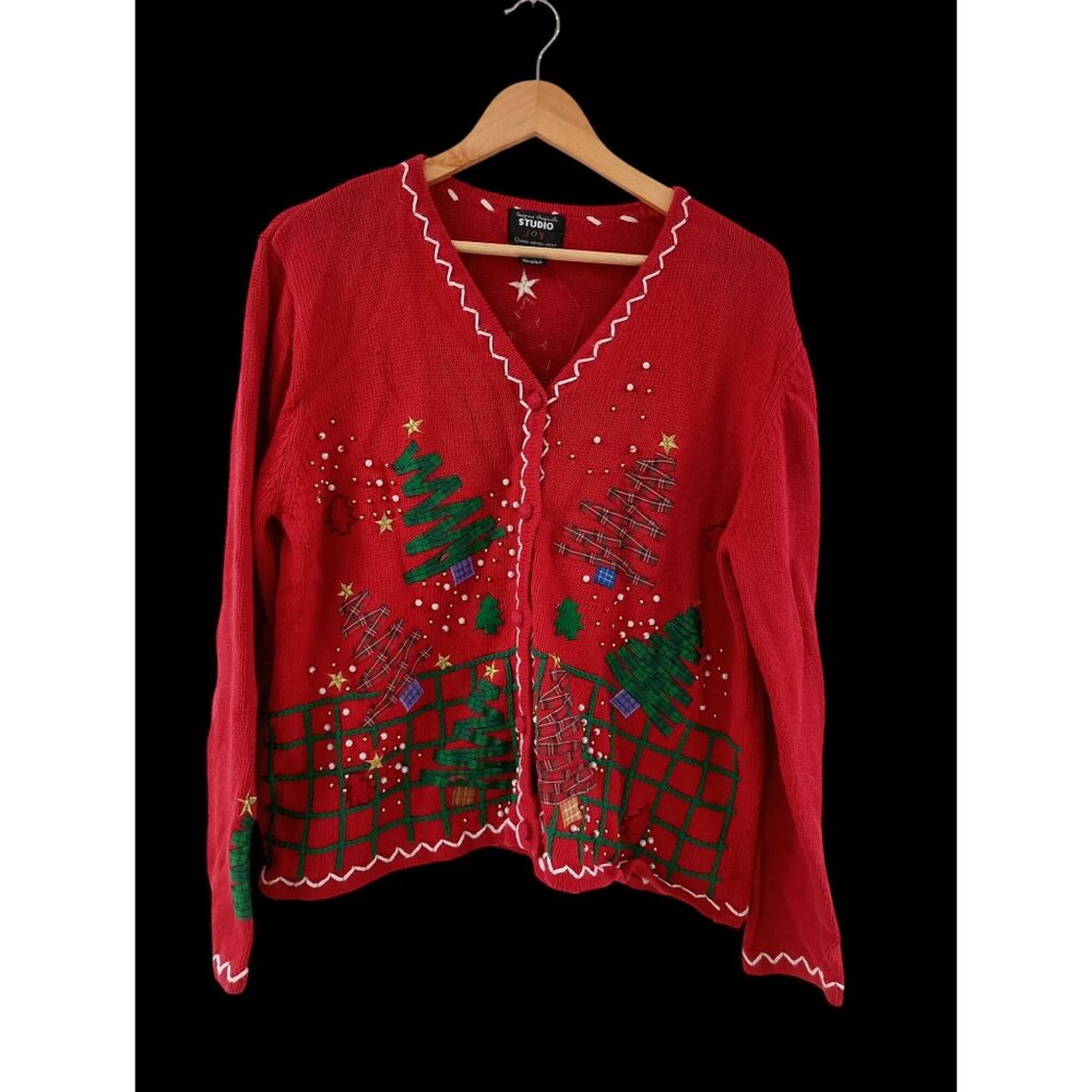 Vintage Studio Joy Women's Red Christmas Embroidery Snowman Cardigan L